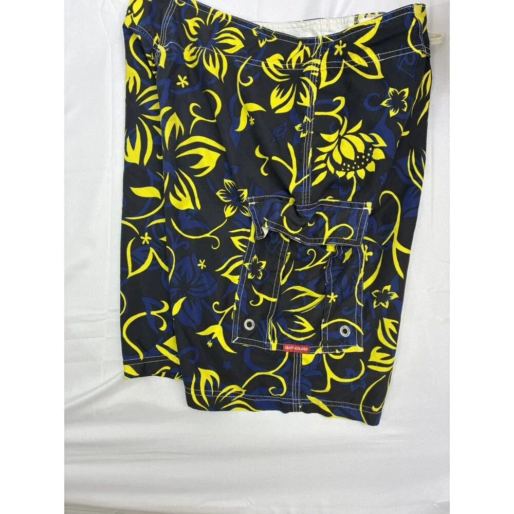 Rip Curl Mens Floral Board Shorts Black Yellow Blue Cargo Surf Swim Trunks 30